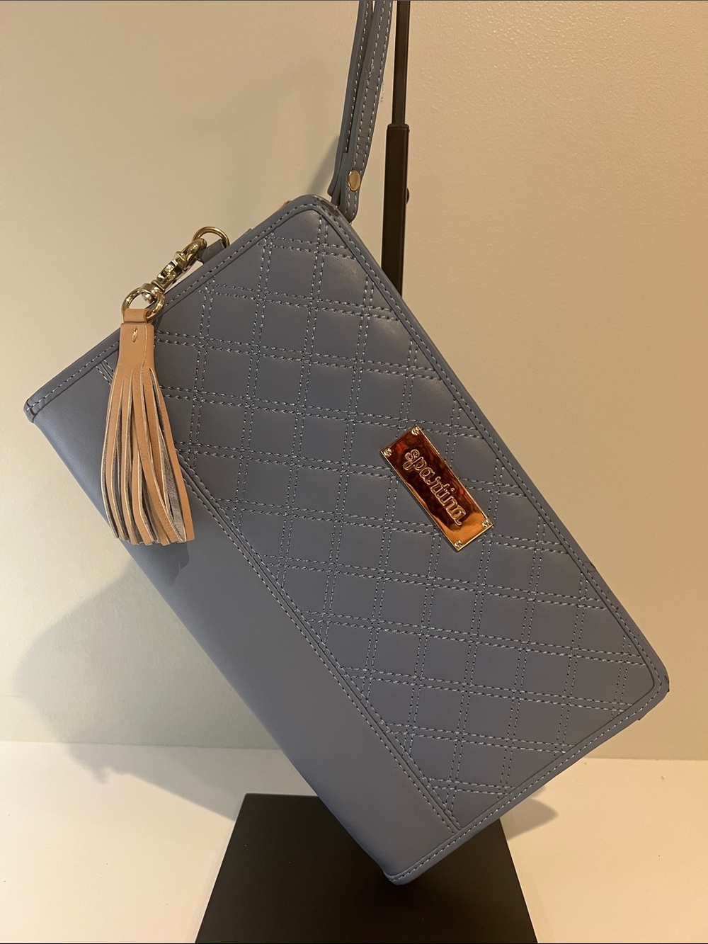Spartina 449 Quilted Light Blue Wristlet Clutch with Beige Tassel